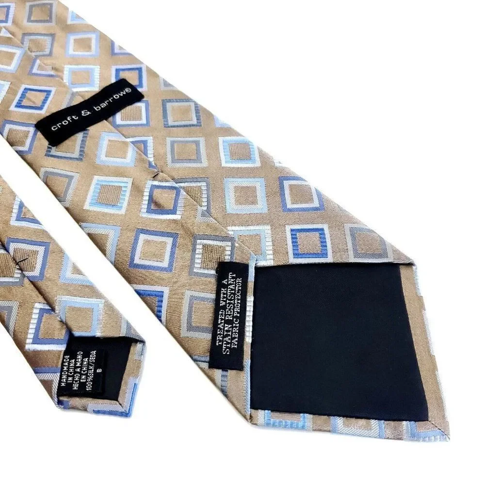 Croft & Barrow Beige Blue‎ Woven Geometric Silk Tie Stain Resistant